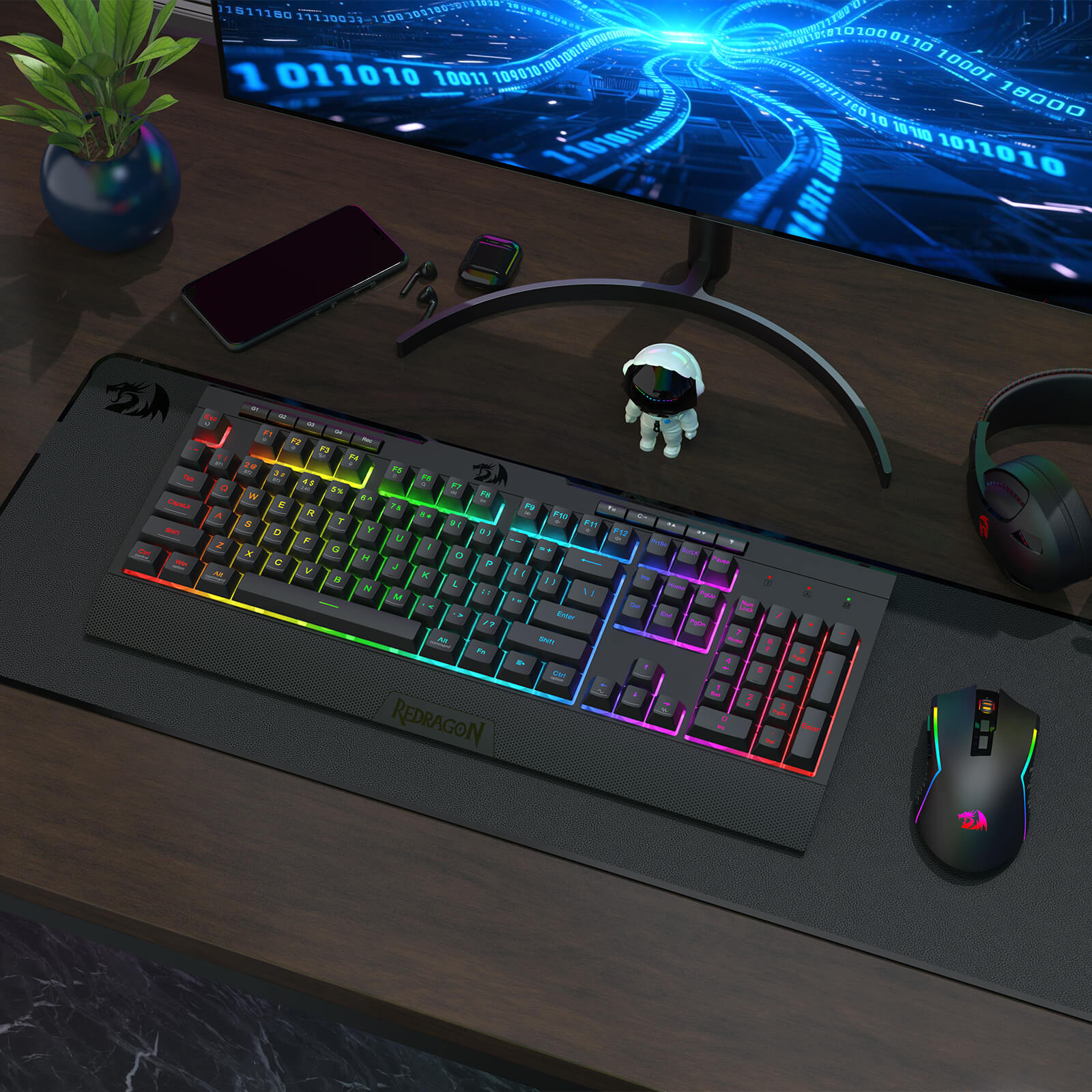 Gaming setup with keyboard, mouse, and monitor on a desk