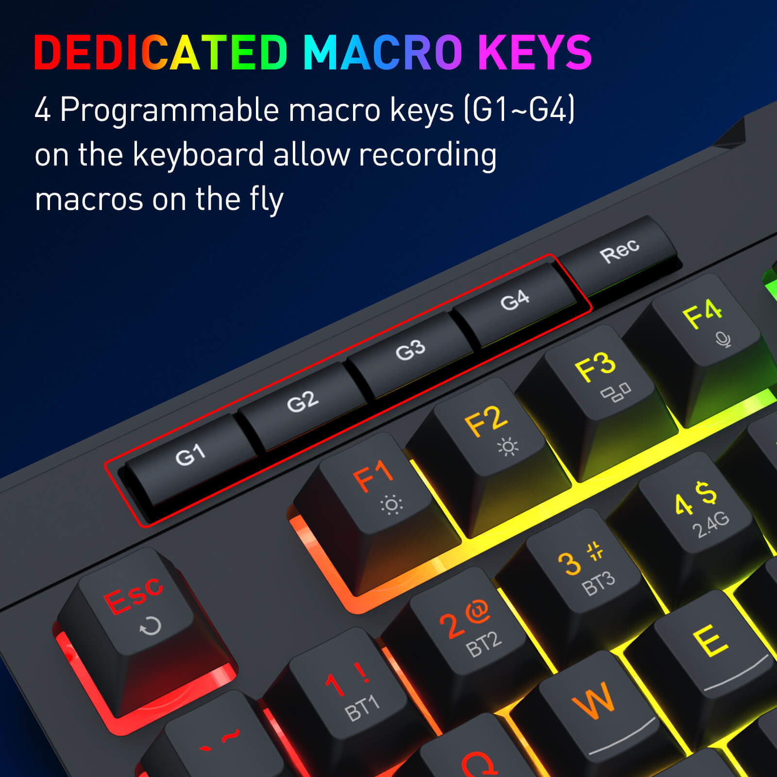Keyboard with dedicated macro keys on a dark background