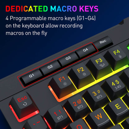Keyboard with dedicated macro keys on a dark background