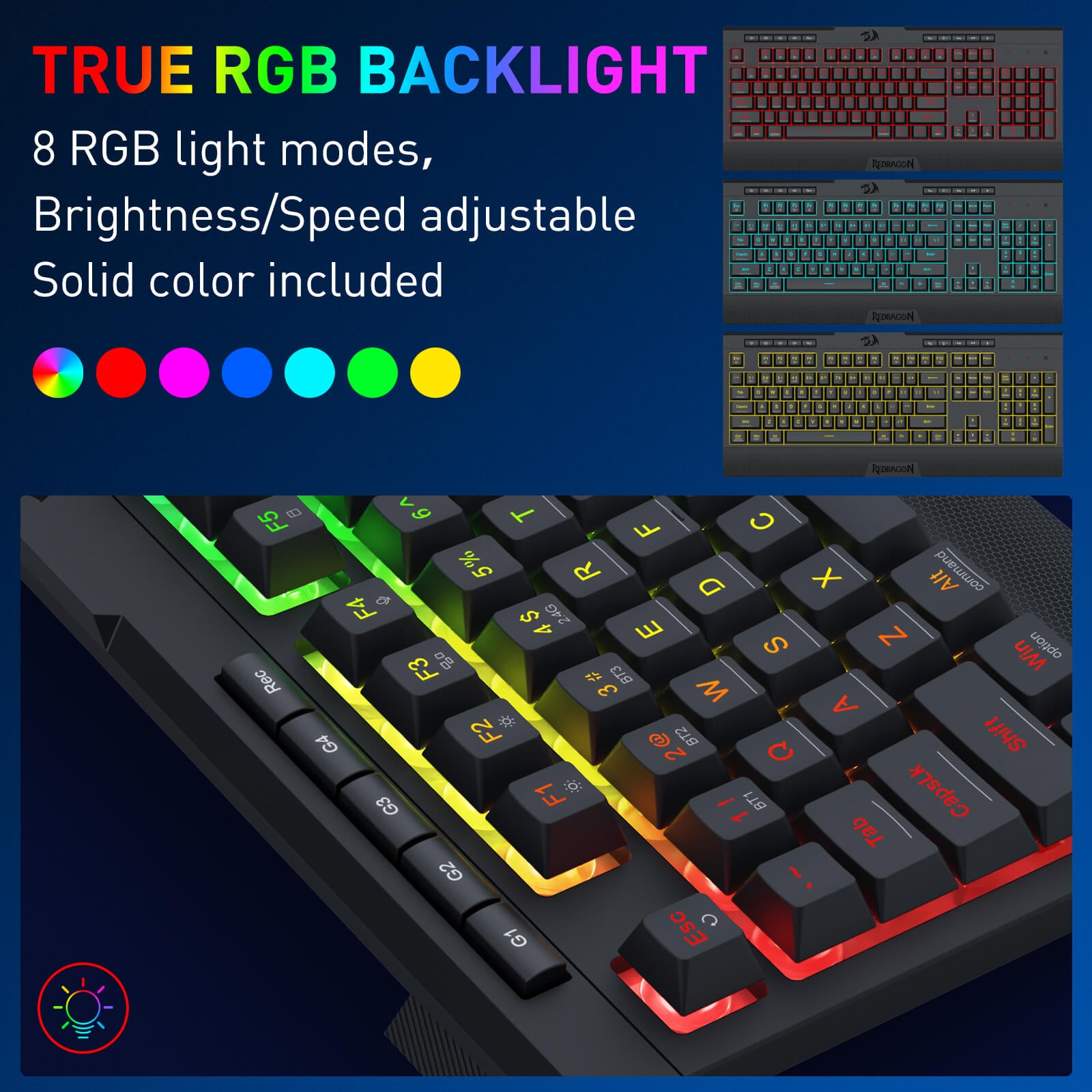 Gaming keyboard with RGB backlighting on a dark background