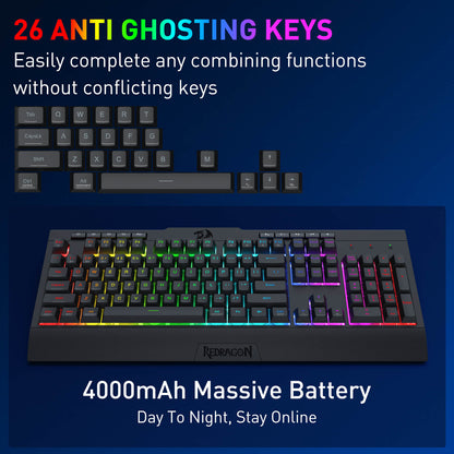 Keyboard with RGB lighting on a dark blue background, featuring text about anti-ghosting keys and battery capacity.