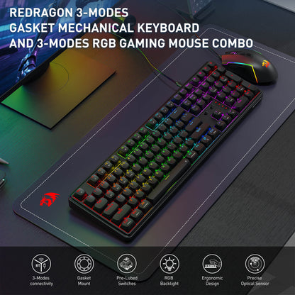 The Redragon 3-mode gasket mechanical keyboard and RGB gaming mouse combo is featured, with key benefits like tri-mode connectivity, gasket mount, pre-lubed switches, and RGB backlighting.