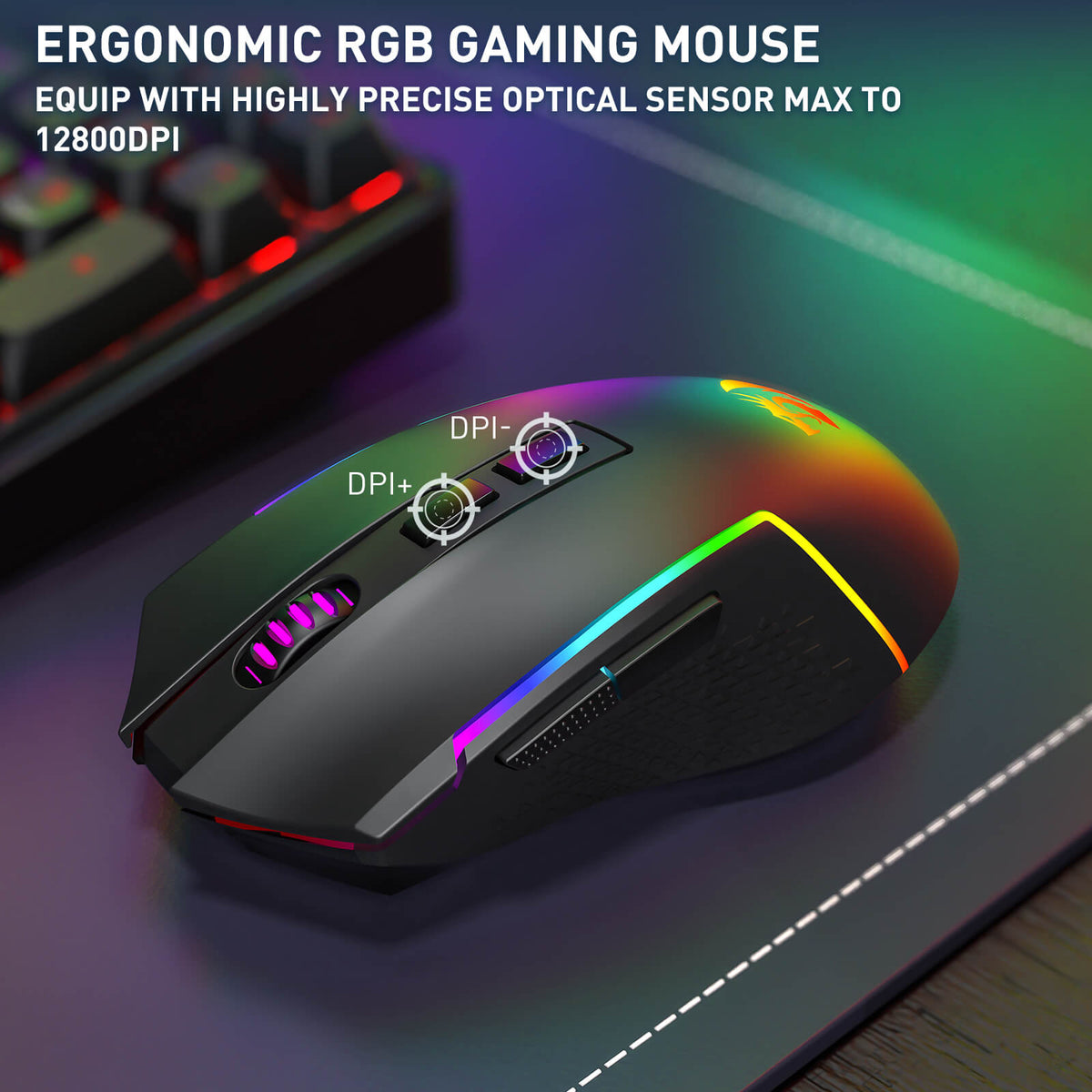 Se destaca el ratón ergonómico para juegos RGB, equipado con un sensor óptico preciso (hasta 12800 DPI) y botones de ajuste de DPI dedicados.
