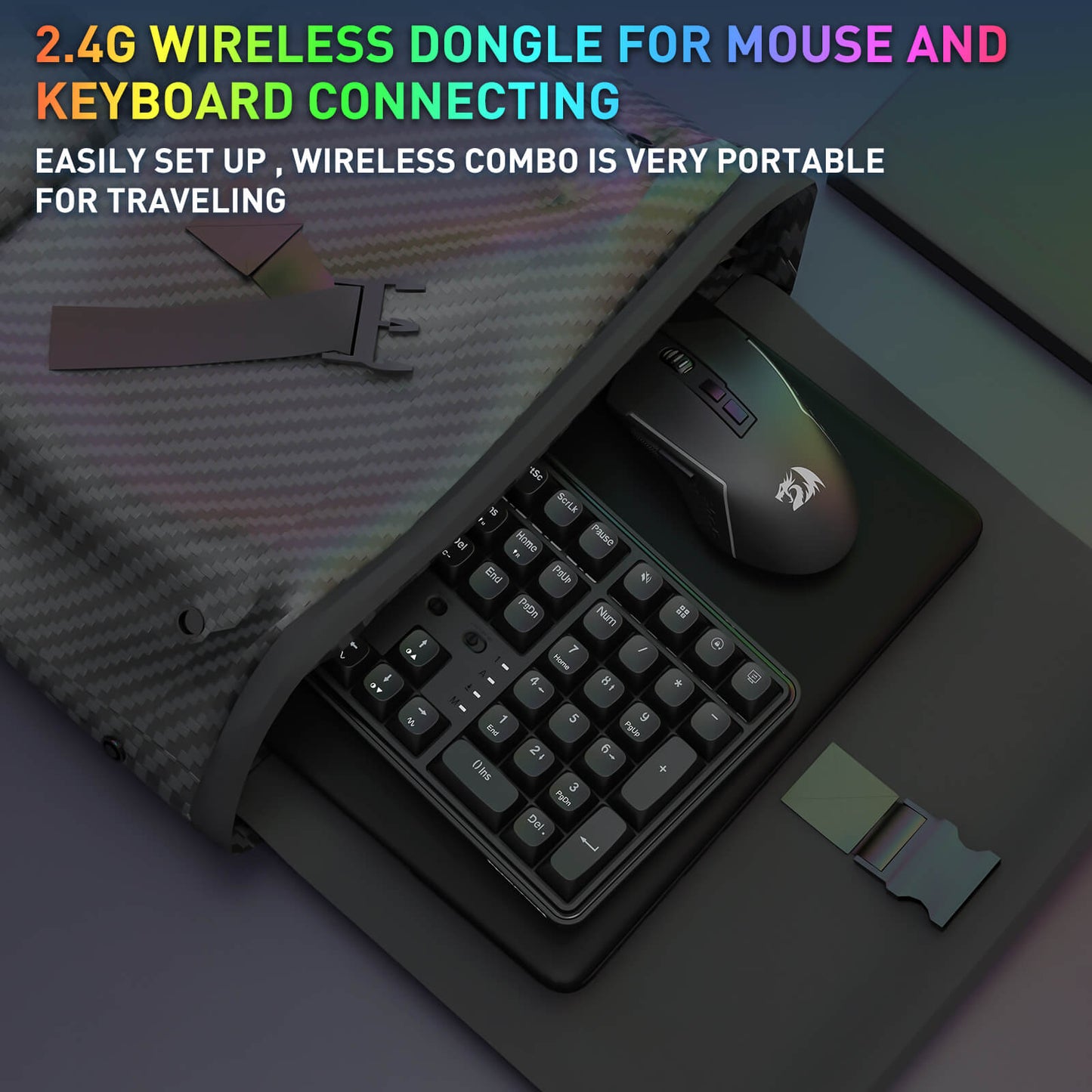 The 2.4G wireless dongle setup is demonstrated, showing the keyboard and mouse stored in a portable bag, emphasizing the combo’s portability for travel.