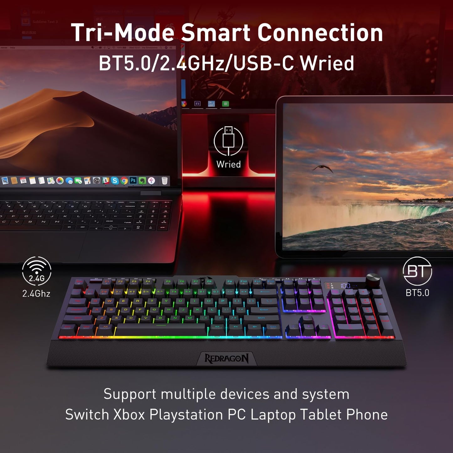 Redragon K525 PRO RGB Wireless Membrane Gaming Keyboard, Screen + Knob
3-Mode Linear Mechanical-Feel Switch, 4 Extra On-Board Macro Keys, Dedicated Media & Display Control, Ergonomic Wrist Rest