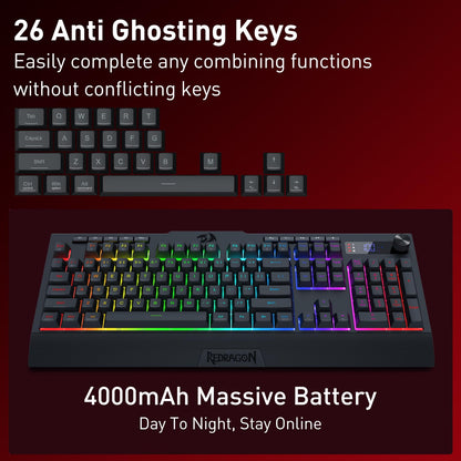 Redragon K525 PRO RGB Wireless Membrane Gaming Keyboard, Screen + Knob
3-Mode Linear Mechanical-Feel Switch, 4 Extra On-Board Macro Keys, Dedicated Media & Display Control, Ergonomic Wrist Rest