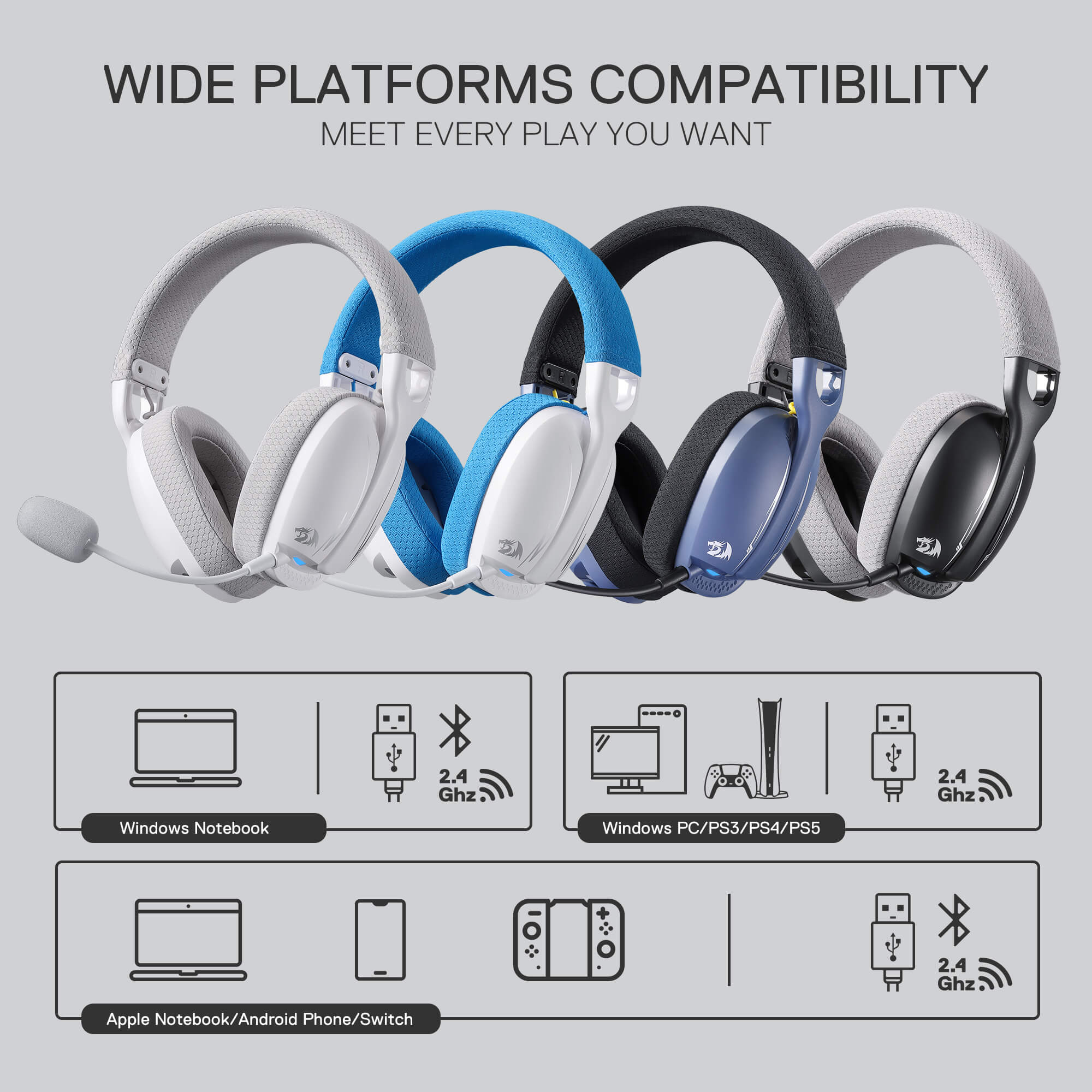 Redragon SKULD PRO H878 Wireless Gaming Headset – 3-Mode Connectivity, 7.1 Surround Sound, Noise-Cancelling Mic, Blue LED, Long Battery Life, Lightweight Design for PC, Console, and Mobile Gaming