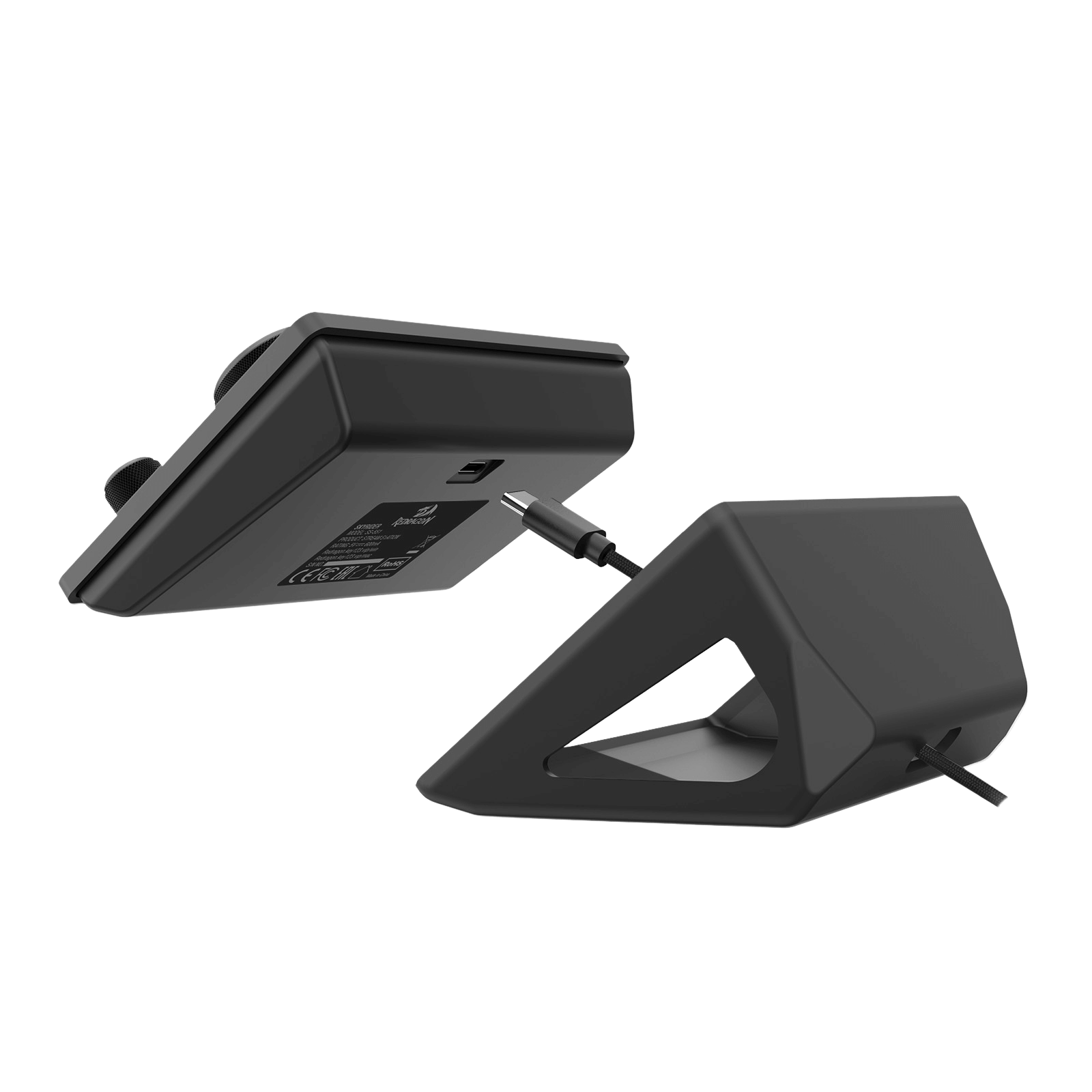 Two black electronic devices on a white background