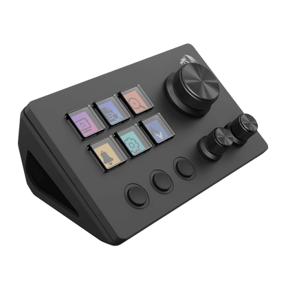 Black control panel with buttons and a knob on a white background