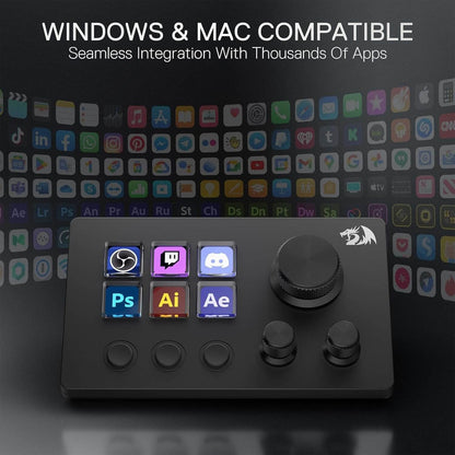 Control panel with software icons on a background of app icons, emphasizing compatibility with Windows and Mac.