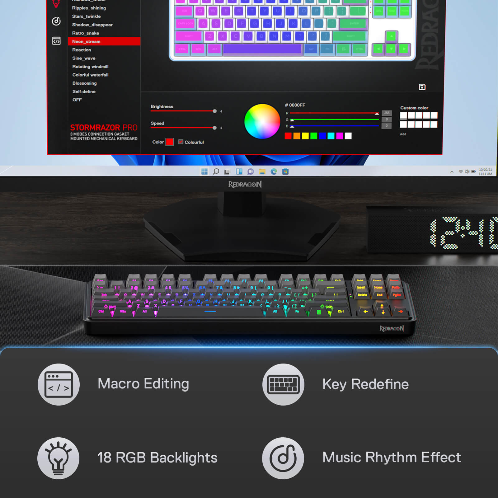 Redragon K707 PRO Gradient 80% Wireless Mechanical Gaming Keyboard – Hot-Swappable TKL with Tri-Mode (USB-C, Bluetooth 5.0, 2.4GHz), Quiet Linear Switches, Noise Dampening, Side-Printed PBT Keycaps, RGB Backlit, Customizable