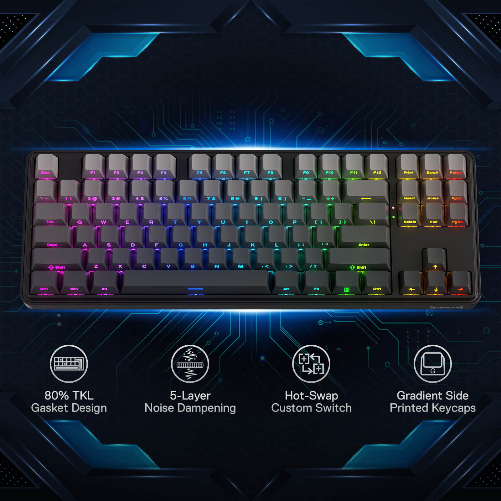 Redragon K707 PRO Gradient 80% Wireless Mechanical Gaming Keyboard – Hot-Swappable TKL with Tri-Mode (USB-C, Bluetooth 5.0, 2.4GHz), Quiet Linear Switches, Noise Dampening, Side-Printed PBT Keycaps, RGB Backlit, Customizable