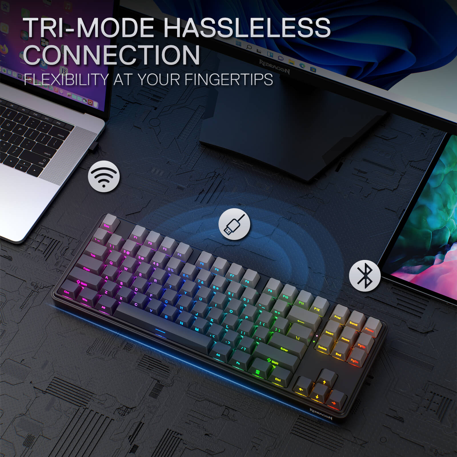 Redragon K707 PRO Gradient 80% Wireless Mechanical Gaming Keyboard – Hot-Swappable TKL with Tri-Mode (USB-C, Bluetooth 5.0, 2.4GHz), Quiet Linear Switches, Noise Dampening, Side-Printed PBT Keycaps, RGB Backlit, Customizable