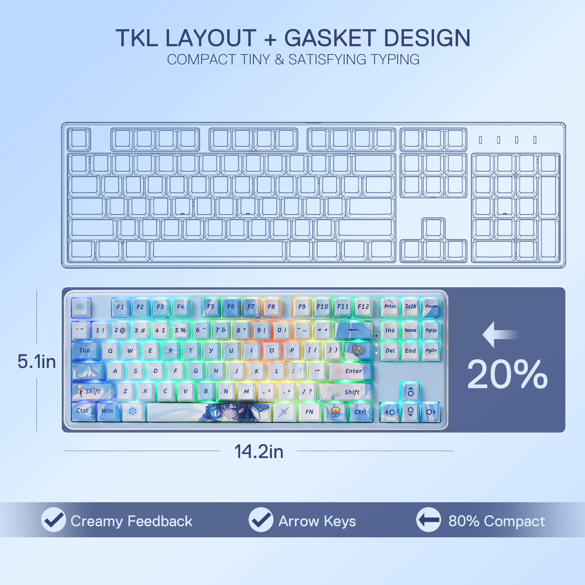 Redragon K707 PRO SE 80% Wireless Gasket RGB Gaming Keyboard, 3-Modes 87 Keys TKL Anime Mechanical Keyboard w/Hot-Swap Socket, Dye-Sub PBT Keycaps & 5-Layer Noise Dampening, Custom Linear Switch