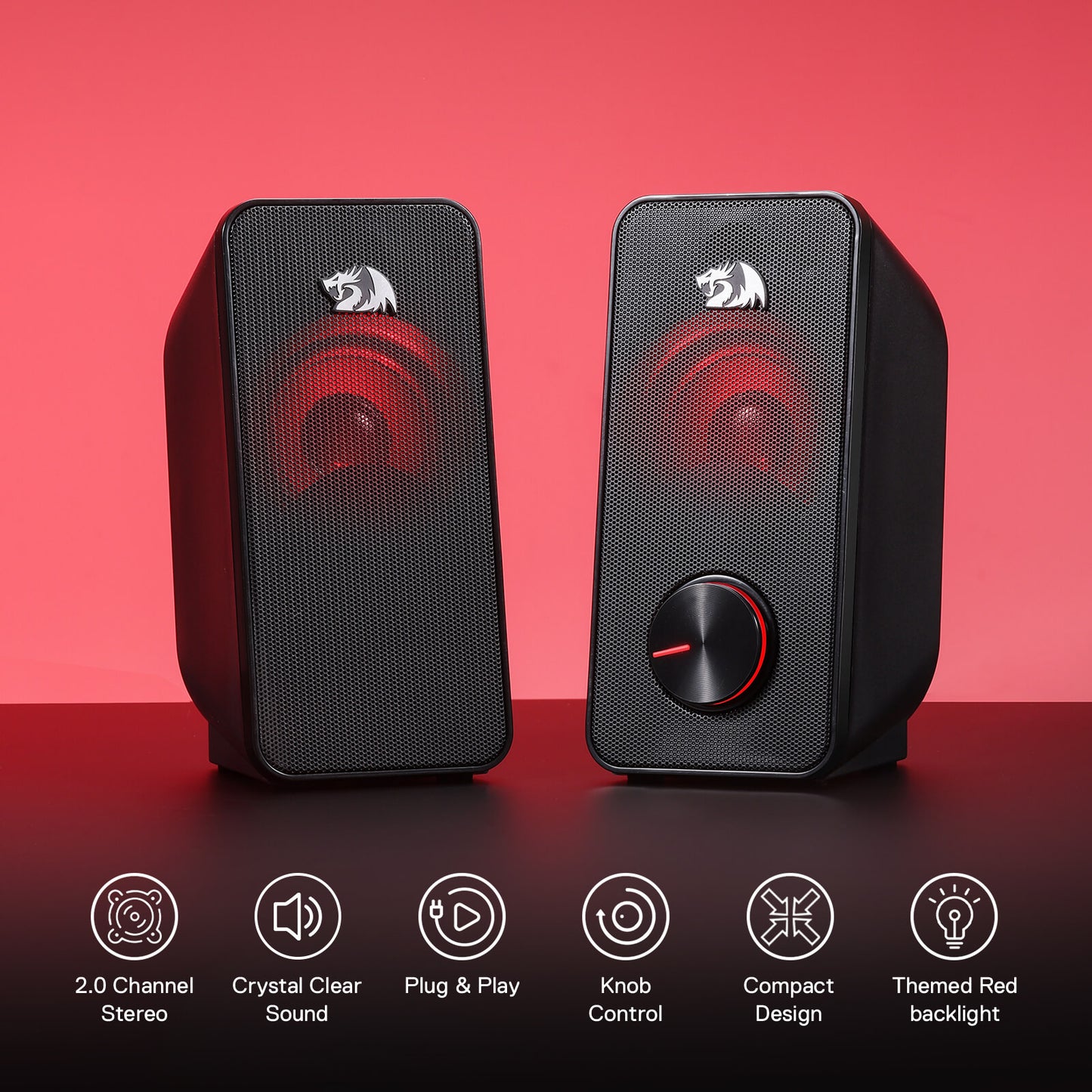 Redragon GS500 Stentor PC Gaming Speaker, 2.0 Channel Stereo Desktop Computer Speaker with Red Backlight, Quality Bass and Crystal Clear Sound, USB Powered with a 3.5mm Connector