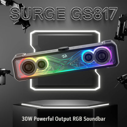 Redragon GS817 RGB Desktop Soundbar, 2.0 Channel Stereo Speakers for Desktop w/Massive 30W Max Power, Touch-Control, Bluetooth 5.3 & 3.5mm AUX Inputs, Black