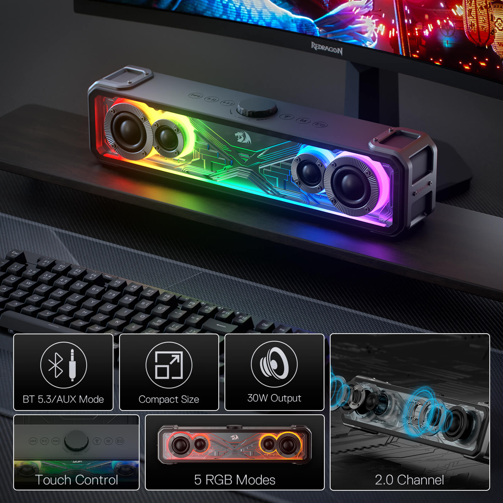 Redragon GS817 RGB Desktop Soundbar, 2.0 Channel Stereo Speakers for Desktop w/Massive 30W Max Power, Touch-Control, Bluetooth 5.3 & 3.5mm AUX Inputs, Black