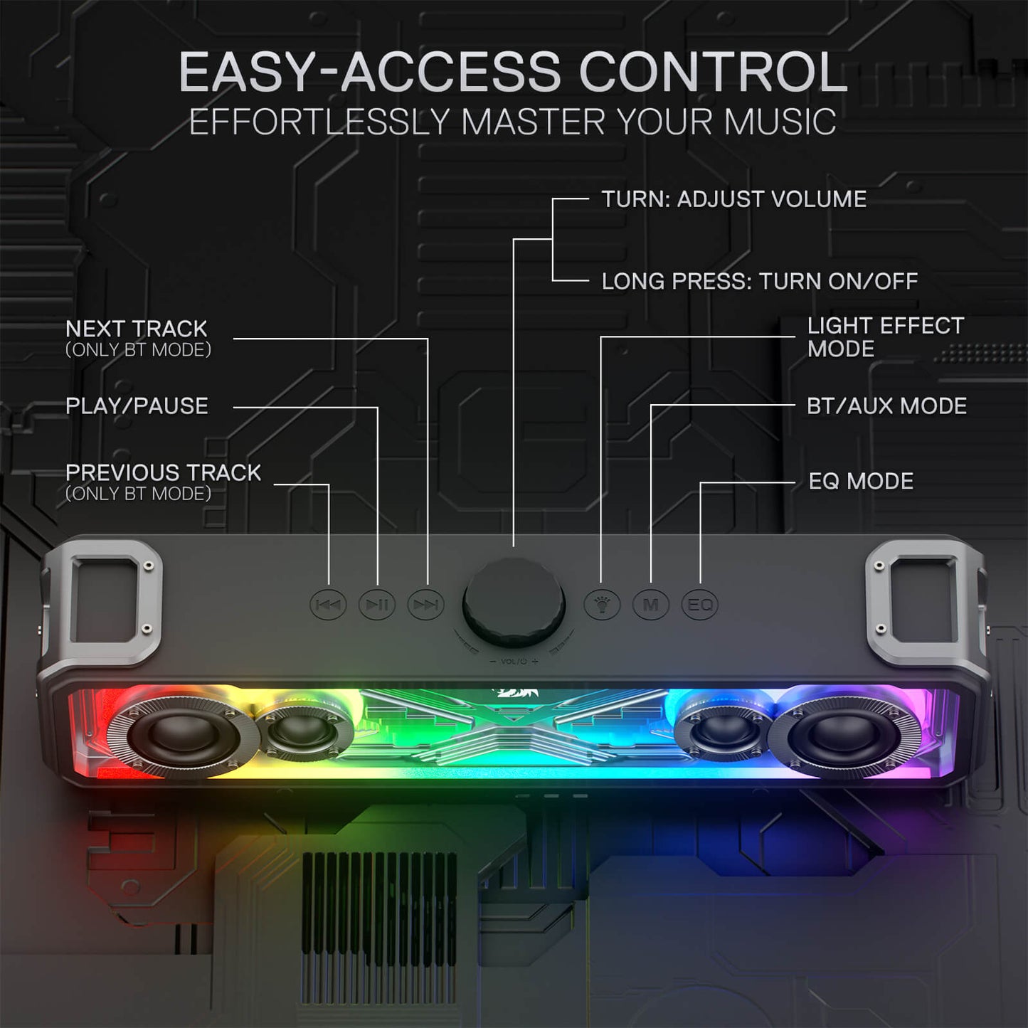 Redragon GS817 RGB Desktop Soundbar, 2.0 Channel Stereo Speakers for Desktop w/Massive 30W Max Power, Touch-Control, Bluetooth 5.3 & 3.5mm AUX Inputs, Black