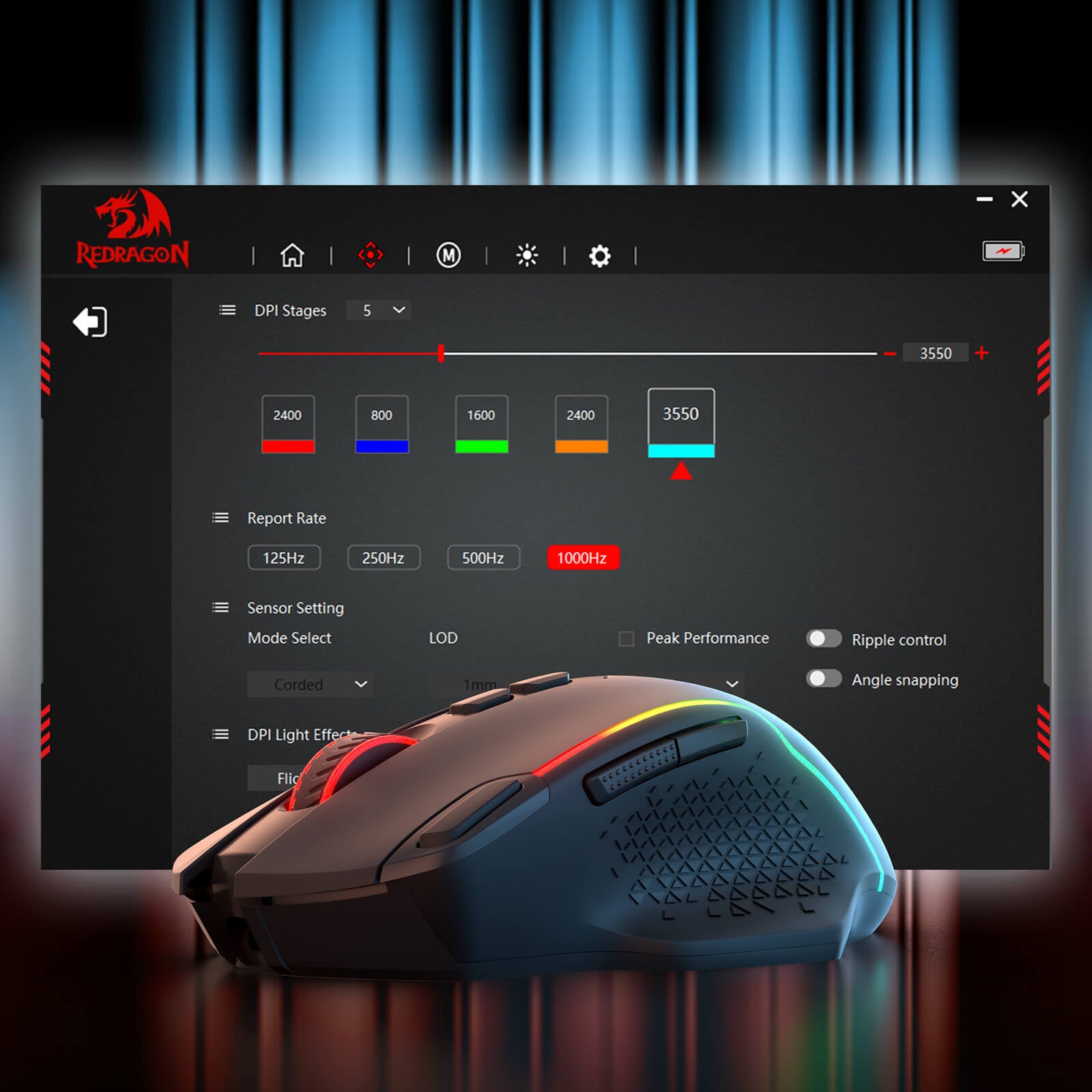 Gaming mouse with customizable settings displayed on a screen, featuring Redragon logo.