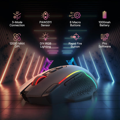 Redragon M810 PRO Gaming mouse with RGB lighting on a dark background with feature icons displayed.