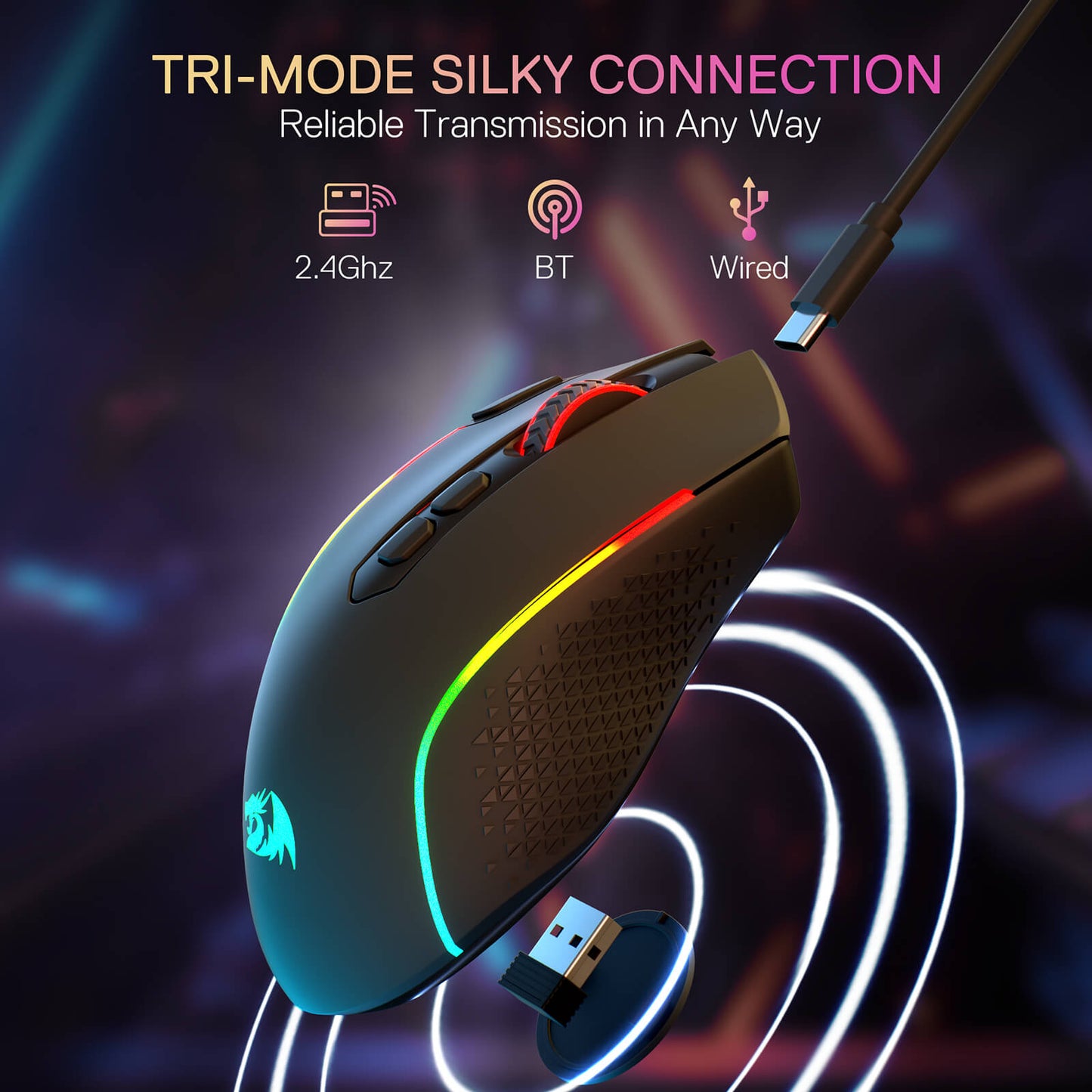 Redragon M810 PRO Gaming mouse with RGB lighting and USB cable on a dark background