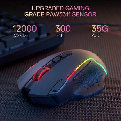 Redragon M810 PRO Gaming mouse with RGB lighting on a dark surface, featuring text about sensor specifications.