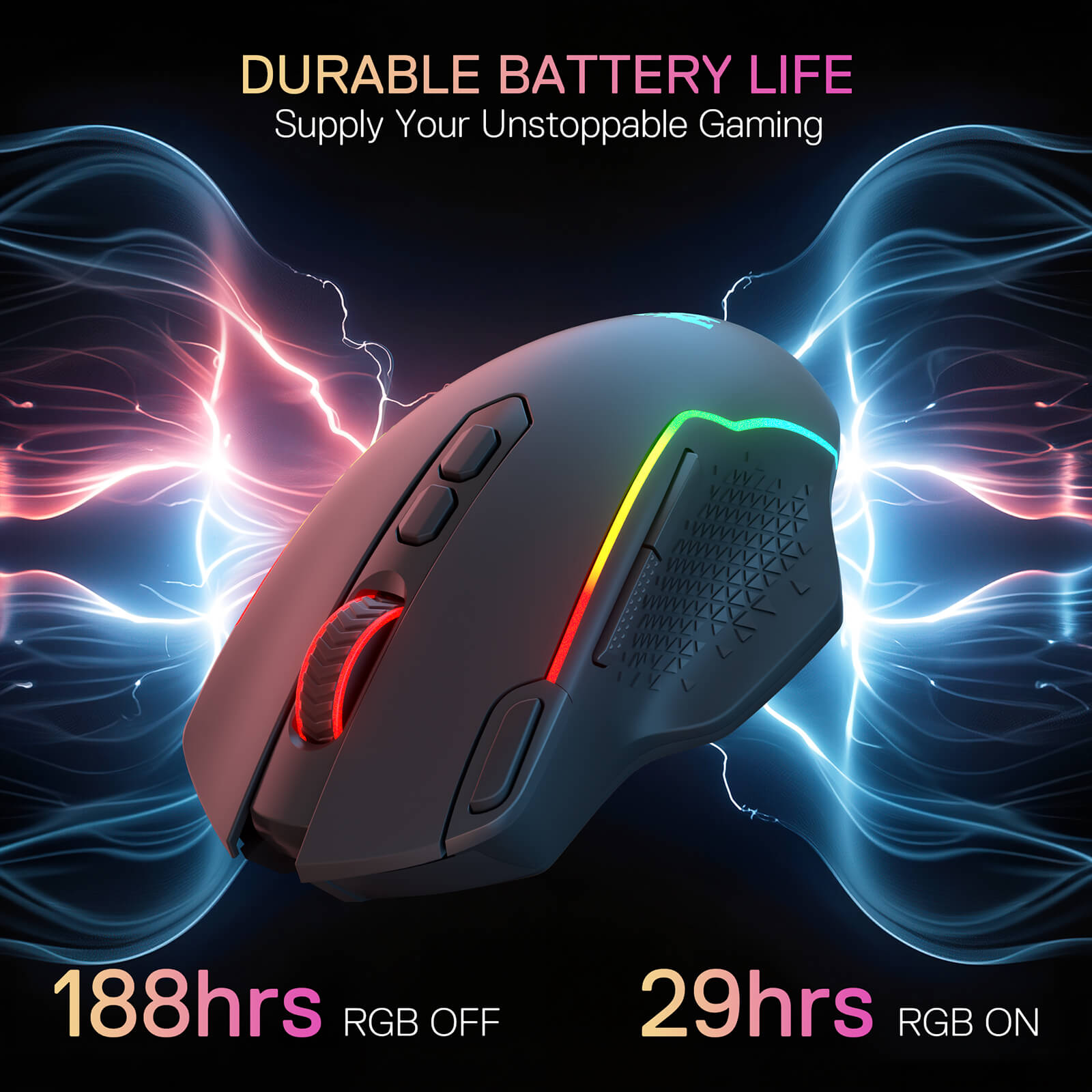 Redragon M810 PRO Gaming mouse with RGB lighting on a dark background with energy effect