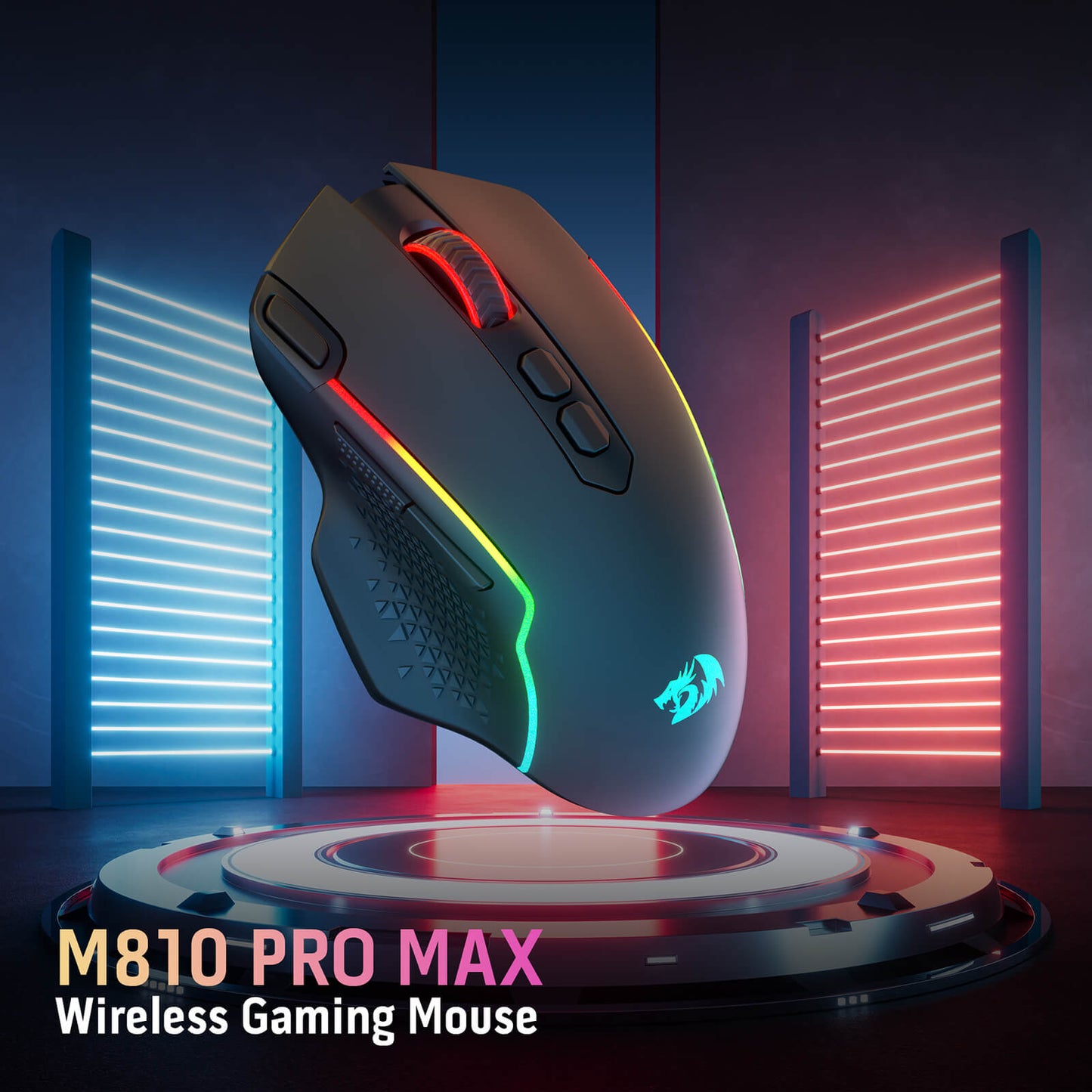 Redragon M810 Pro Max wireless gaming mouse with RGB lighting in a futuristic setting