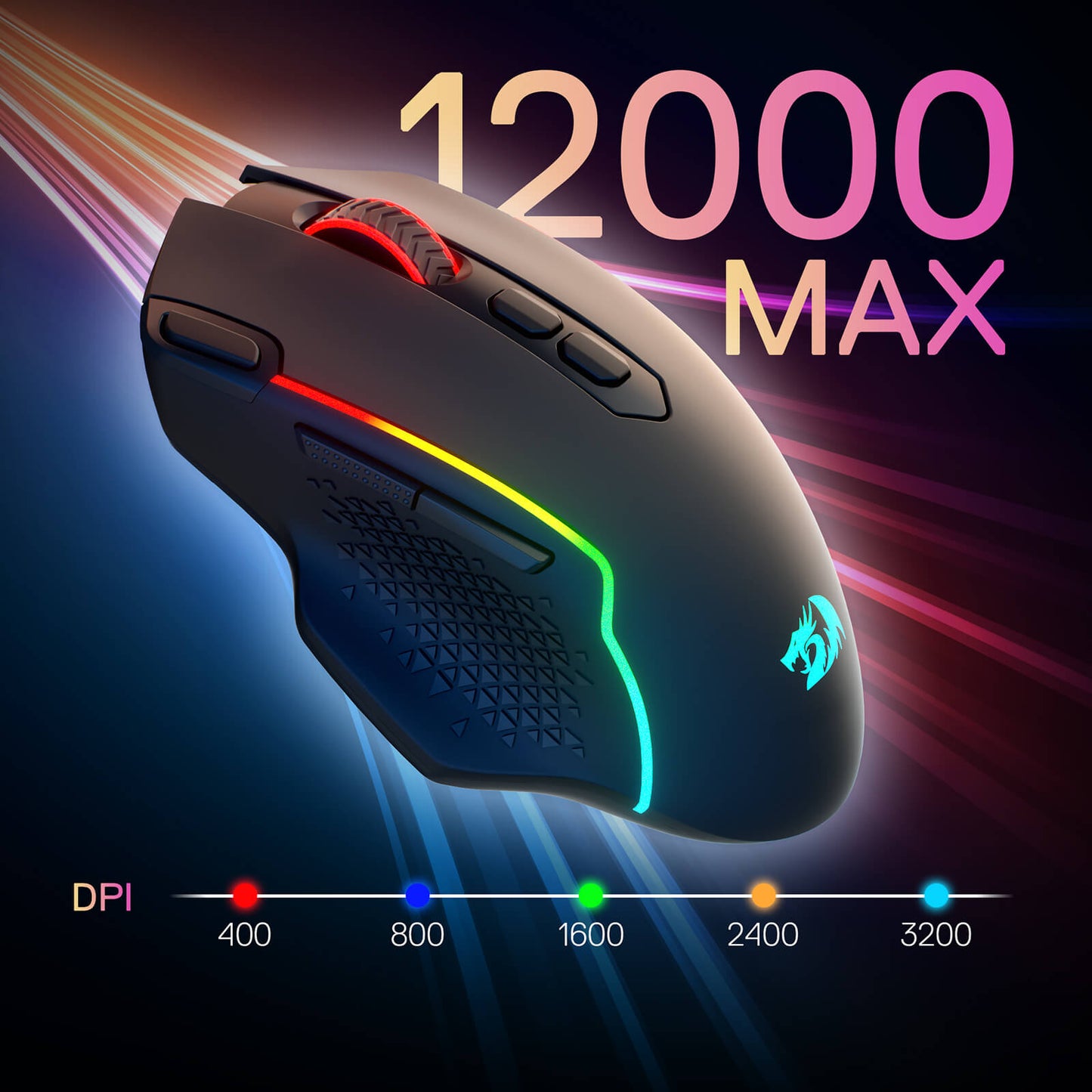 Redragon M810 PRO Gaming mouse with RGB lighting and DPI scale on a dark background