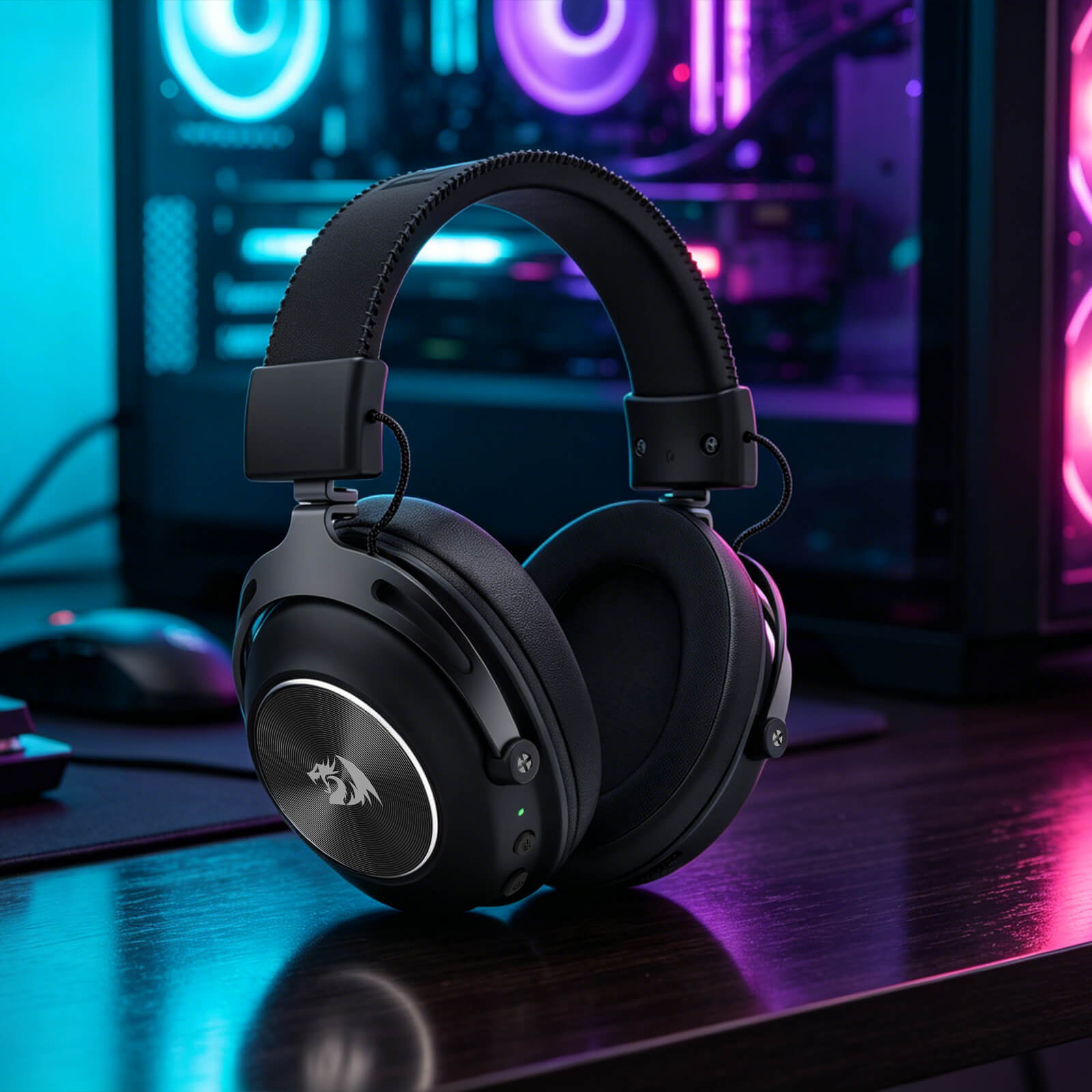 Redragon TITAN H894, Black over-ear gaming headphones with a silver circular accent and a white dragon logo, resting on a dark desk with a blurred PC setup in the background.