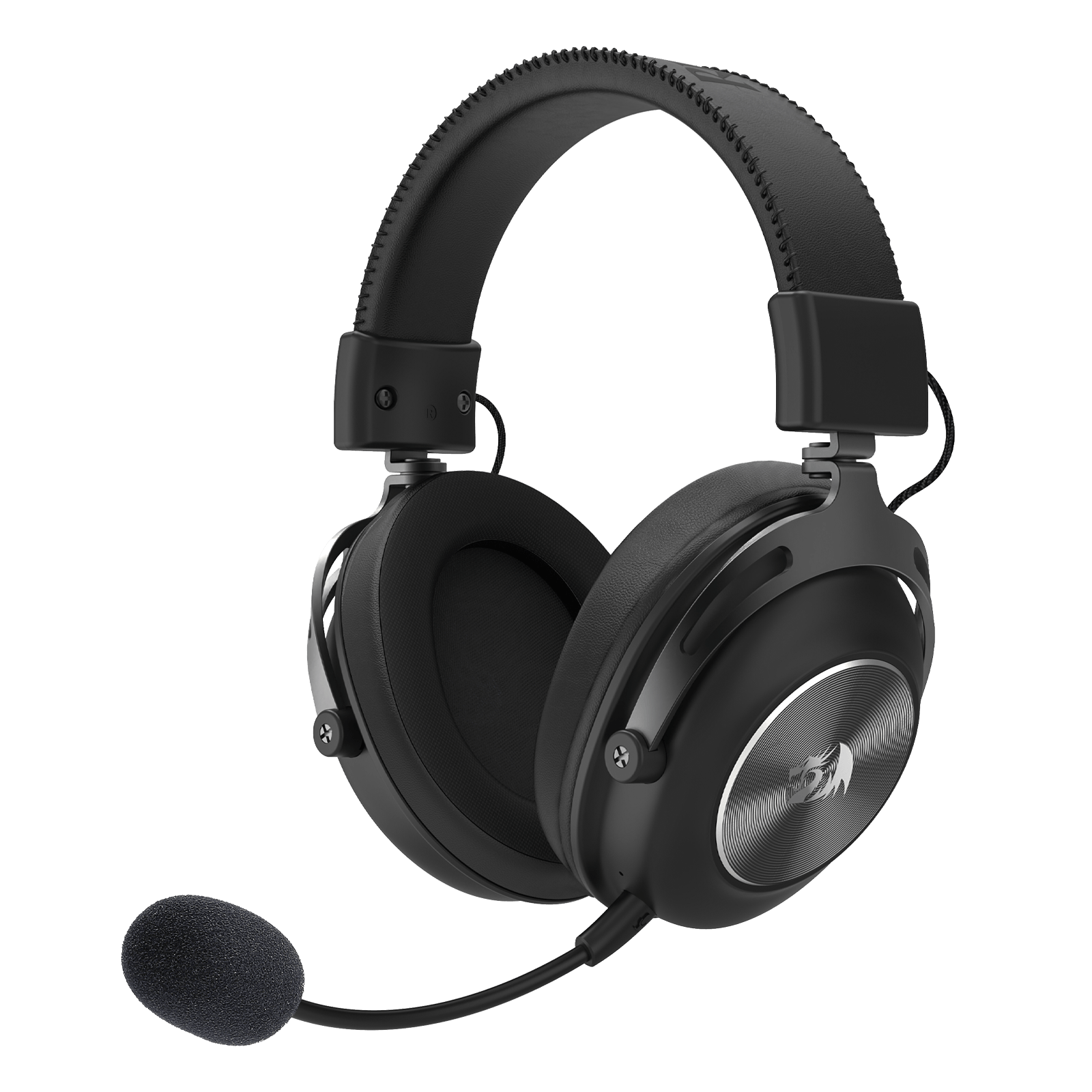 Redragon TITAN H894, Black over-ear gaming headset with a flexible boom microphone, padded headband, and circular metallic silver accent on the ear cup, shown on a plain white background.