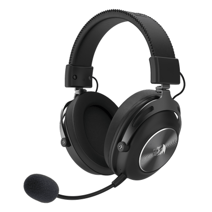Redragon TITAN H894, Black over-ear gaming headset with a flexible boom microphone, padded headband, and circular metallic silver accent on the ear cup, shown on a plain white background.
