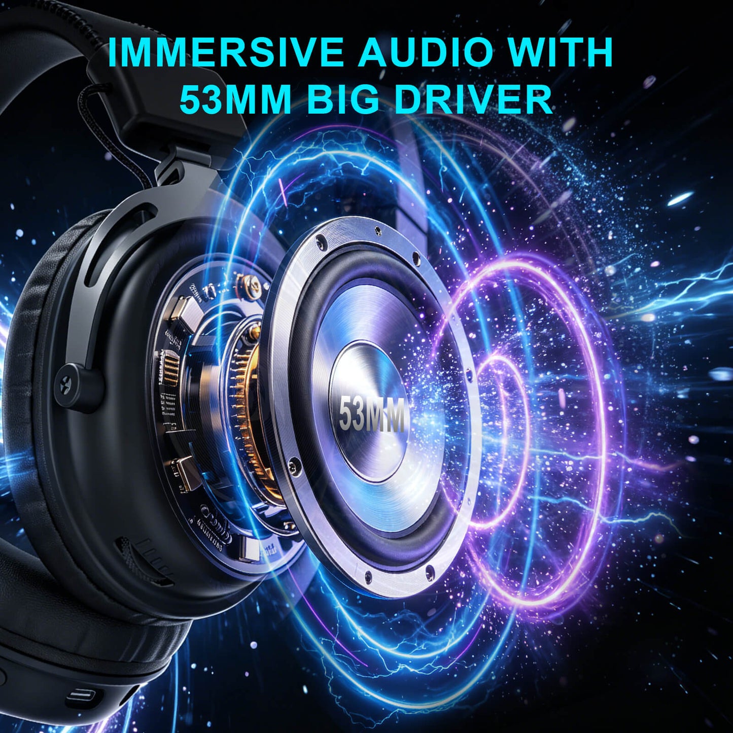 Redragon TITAN H894, A close-up promotional render of a black over-ear headphone earcup and speaker assembly with glowing blue and purple soundwave effects and the text 'IMMERSIVE AUDIO WITH 53MM BIG DRIVER' on a dark cosmic background.