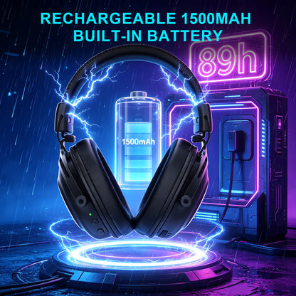 Redragon TITAN H894, Black over-ear gaming headphones floating above a glowing charging pad with lightning effects, next to a futuristic charging station. Text at the top reads 'RECHARGEABLE 1500MAH BUILT-IN BATTERY' with '1500mAh' shown on a battery graphic.