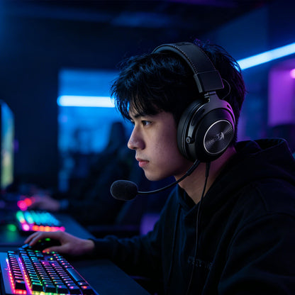 Redragon TITAN H894, A young man wearing a black over-ear gaming headset with a microphone sits at a desk in a dimly lit gaming room, looking at a computer monitor. He is wearing a black hoodie and using a keyboard with RGB lighting.