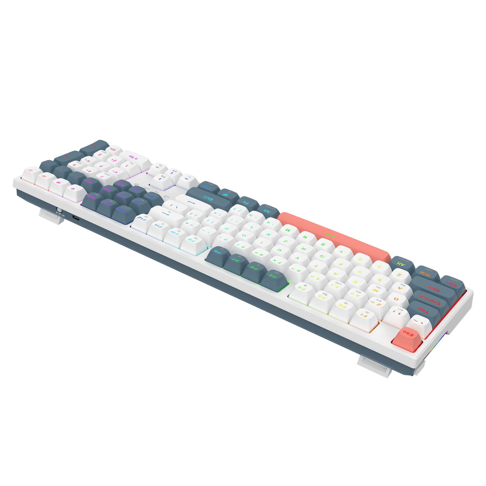 A mechanical keyboard with a white base and a variety of colored keycaps, including white, gray, teal, and coral pink, shown against a solid black background.