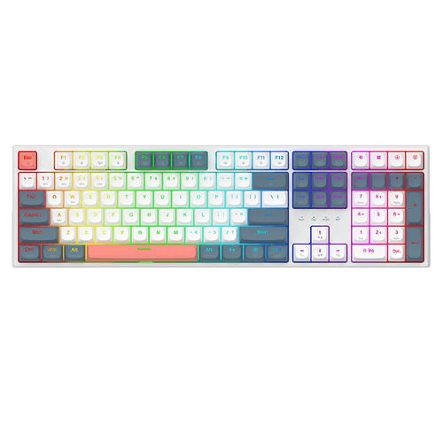 A white mechanical keyboard with a rainbow gradient RGB backlighting, shown against a solid black background.