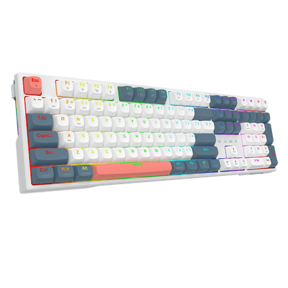 A compact mechanical keyboard with a white base and colorful pastel keycaps, shown at an angle against a solid black background.