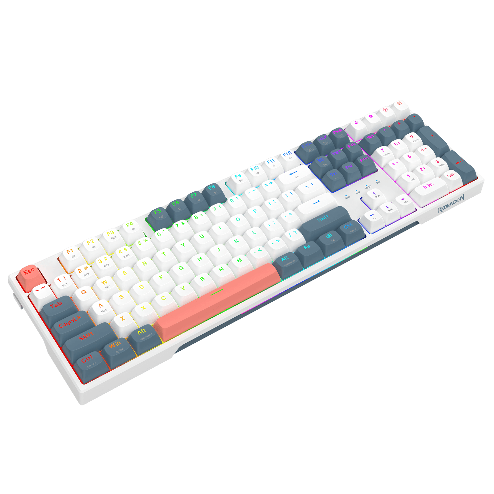 A mechanical keyboard with a white frame and white keycaps, featuring a custom gradient keycap set transitioning from red to green, blue, and purple, with dark gray keycaps on the arrow keys and Enter bar, shown on a solid black background.