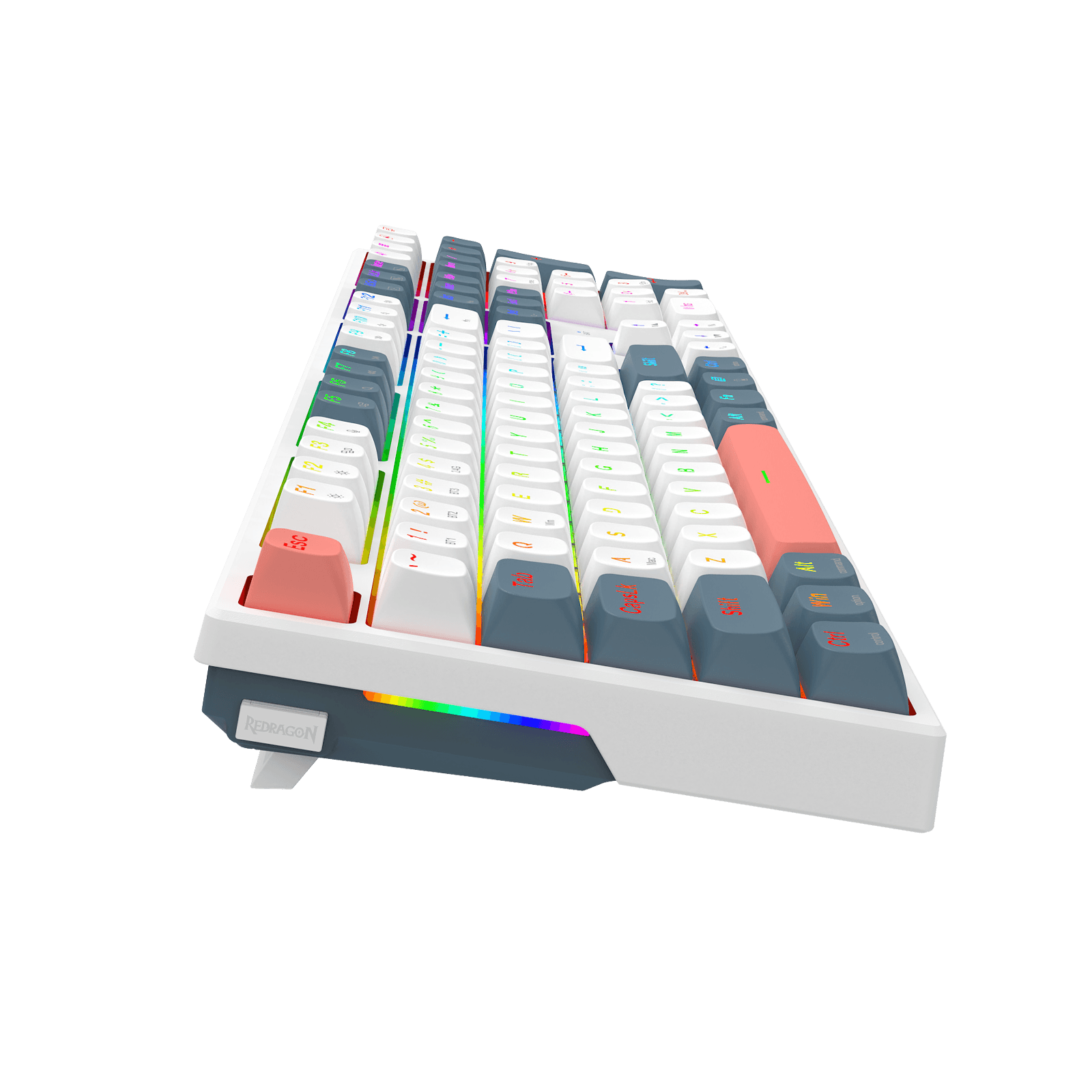 A 75% mechanical keyboard with a white chassis and a variety of colored keycaps, shown from an elevated angle on a solid black background. The keycaps include white, gray, red, and pastel rainbow RGB backlighting.