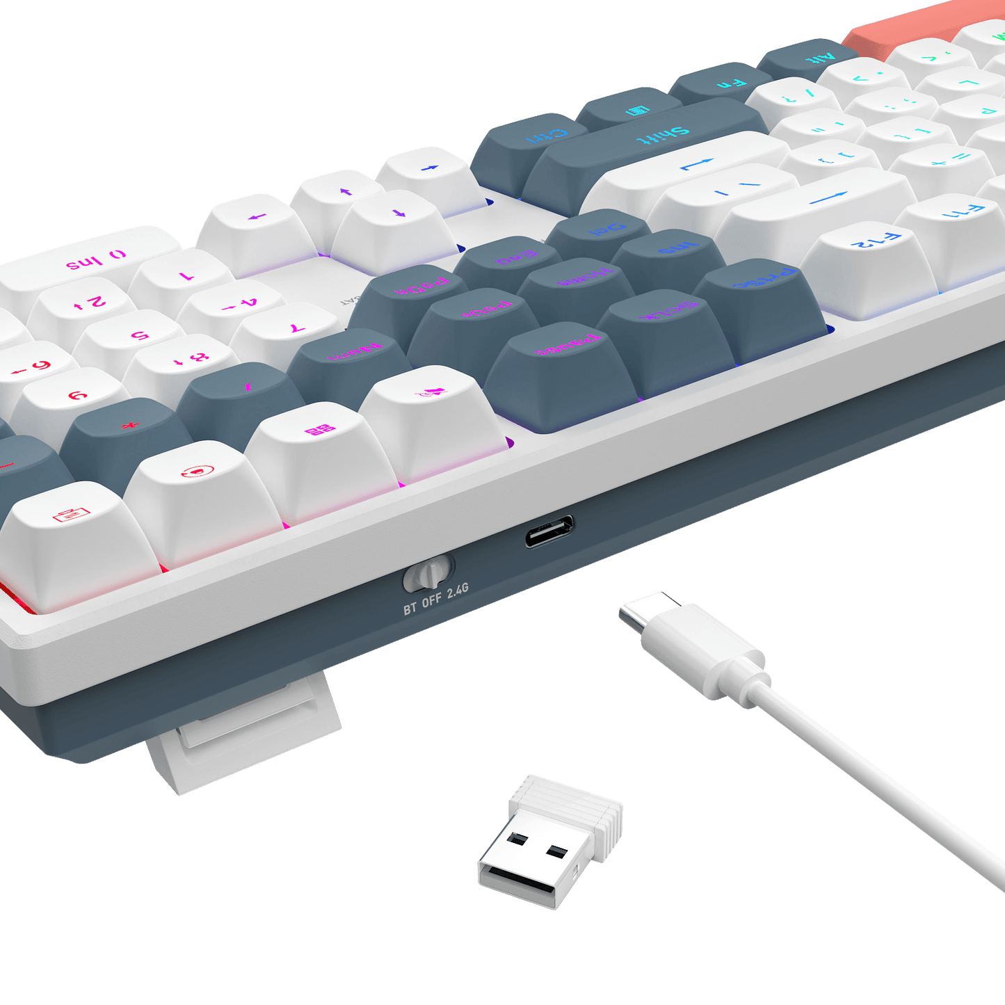 A close-up of a mechanical keyboard showing its side profile, white and gray keycaps, RGB backlighting, a USB-C port, a white USB cable, and a small white USB receiver on a black background.