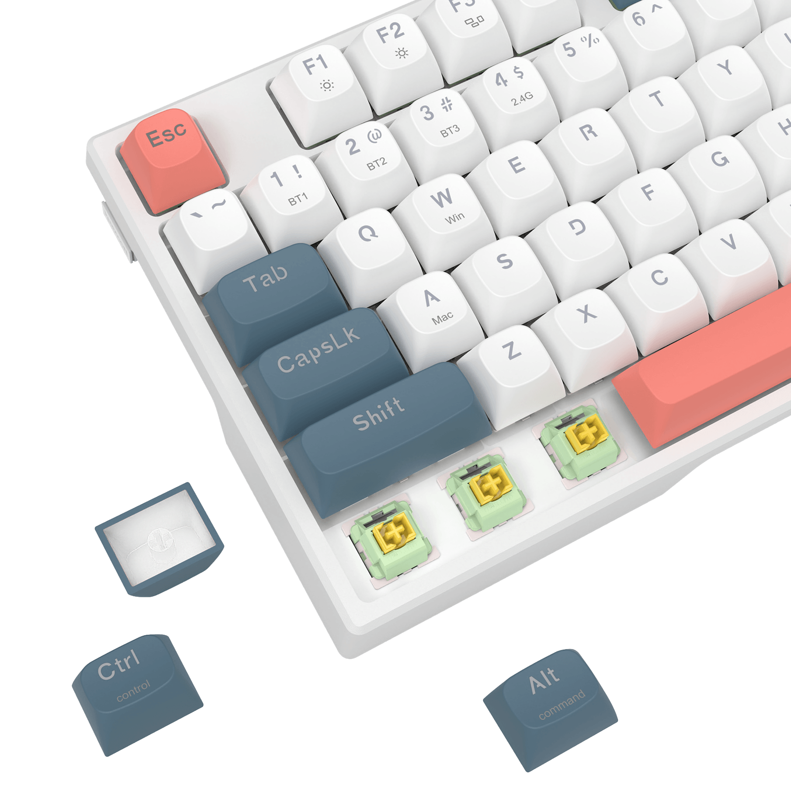 White mechanical keyboard keycap set with custom key labels, showing detached keys and three exposed switches on a black background.
