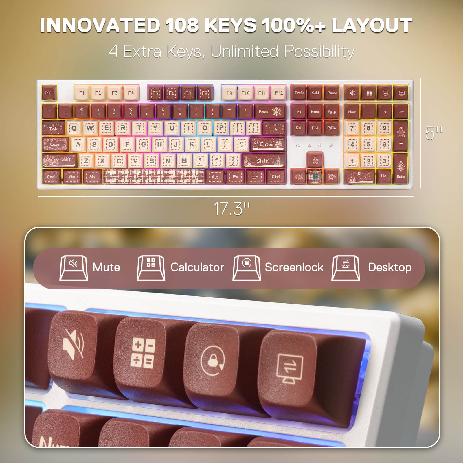 Redragon K668 Xmas Wired Gasket RGB Gaming Keyboard, 108 Keys Mechanical Keyboard w/Extra 4 Hotkeys, Upgraded Hot-swappable Socket, Sound Absorbing Foam, Christmas Gingerbread Man Themed Cute Keycaps