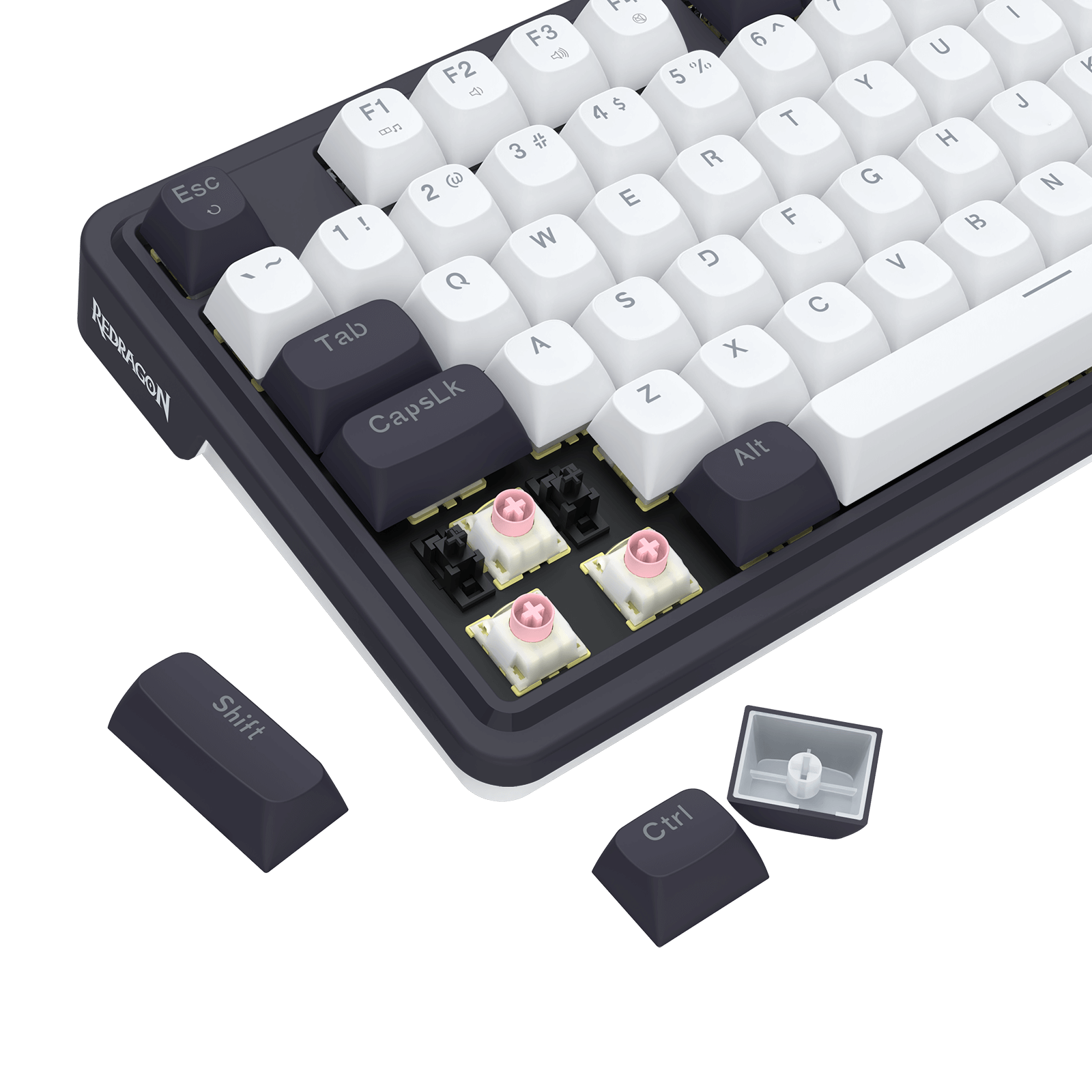 Mechanical keyboard with white keys and black frame on a black background