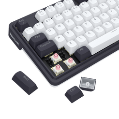 Mechanical keyboard with white keys and black frame on a black background