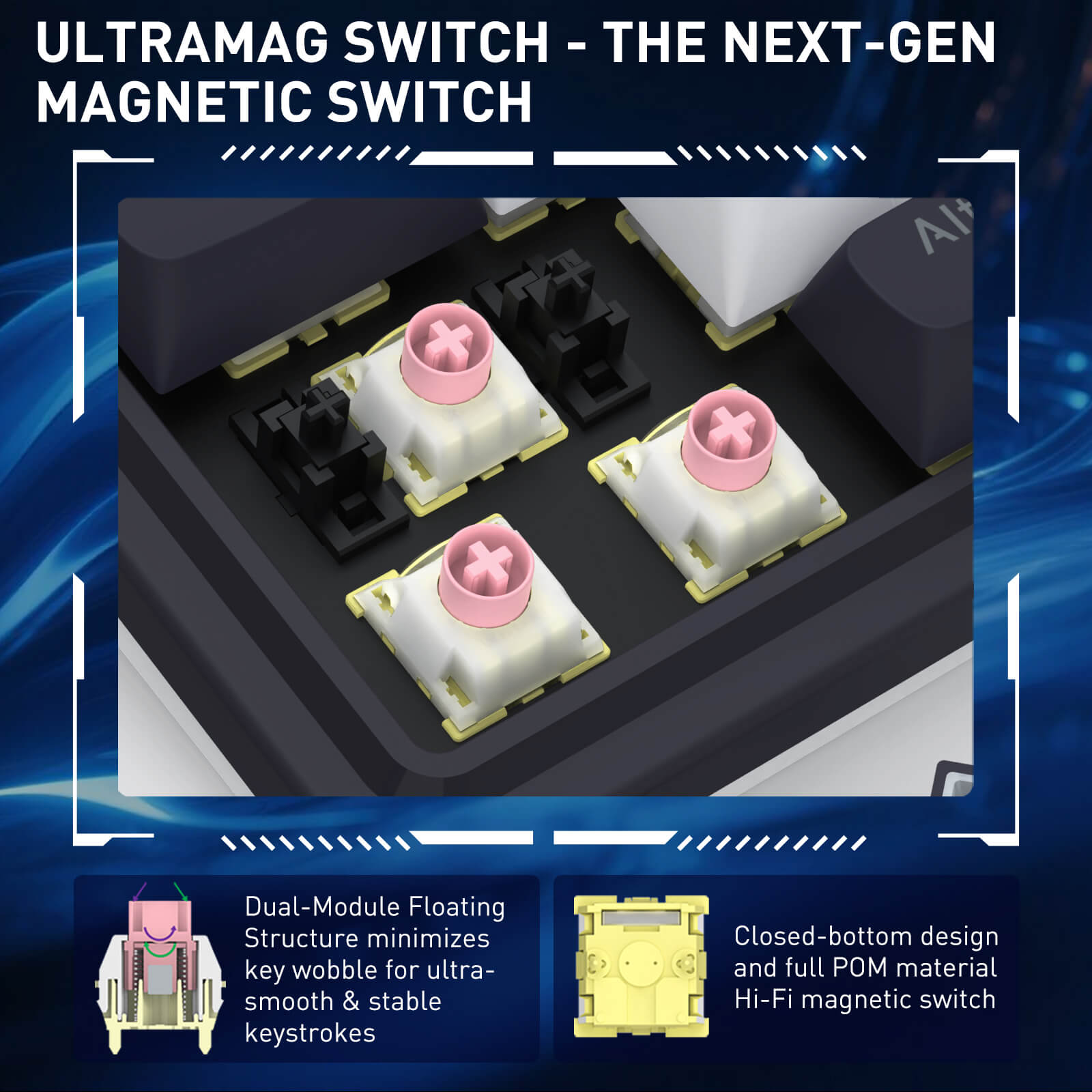 Ultramag switch with pink and white design on a blue and black background