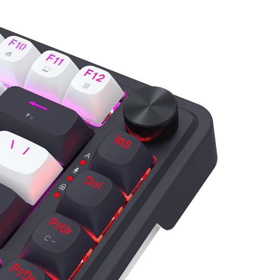Close-up of Redragon K673 mechanical keyboard with illuminated keys on a black background