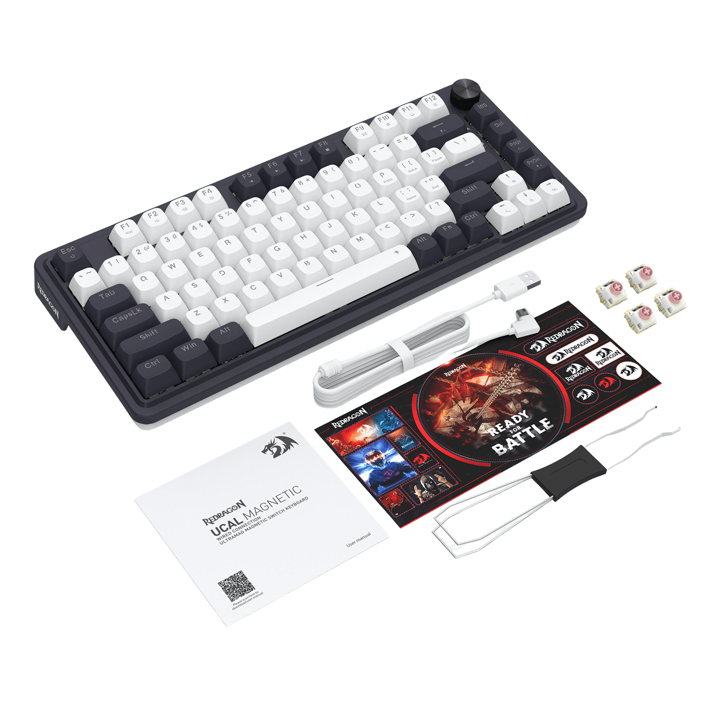 Redragon K673 Mechanical keyboard kit with keycaps, wrist rest, and accessories on a black background
