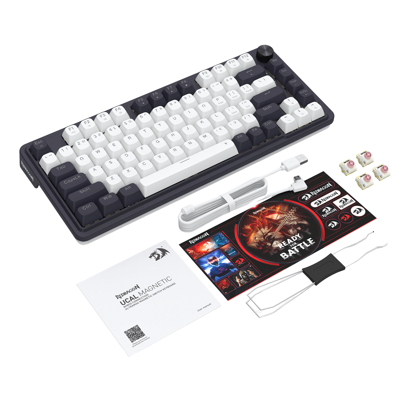 Redragon K673 Mechanical keyboard kit with keycaps, wrist rest, and accessories on a black background