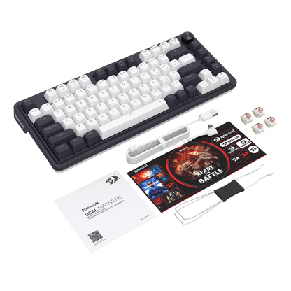 Redragon K673 Mechanical keyboard kit with keycaps, wrist rest, and accessories on a black background